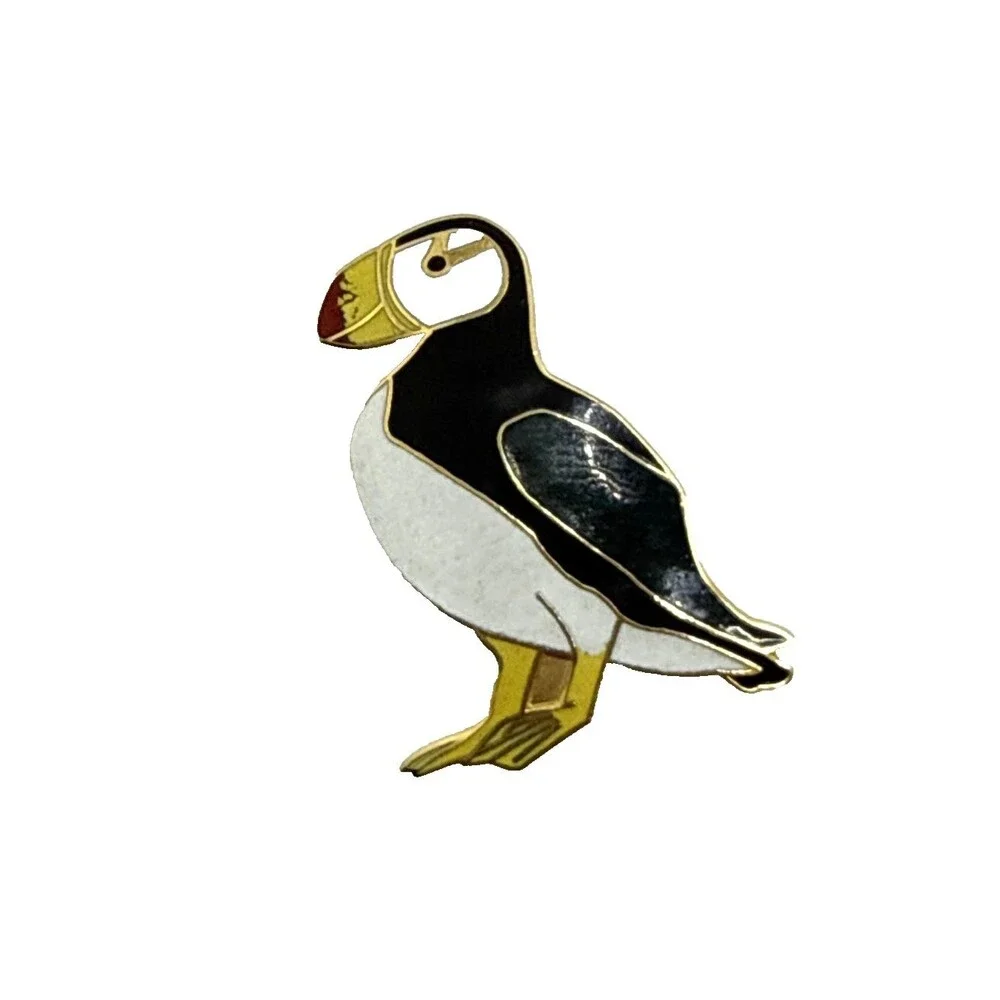 Vintage Cloisonne PUFFIN BIRD Brooch Black White Yellow Enamel Lapel Pin 2